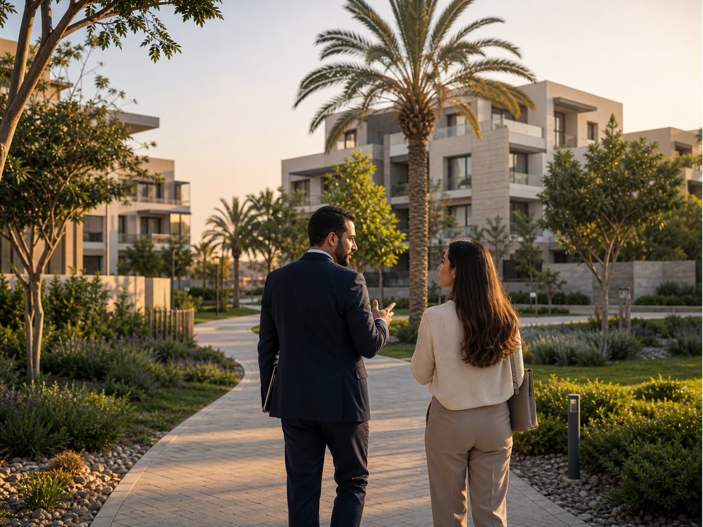 Real estate advisor walking with a client in a landscaped East Cairo compound