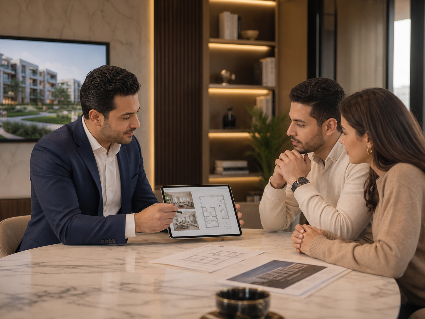 Advisor explaining property plans on a tablet