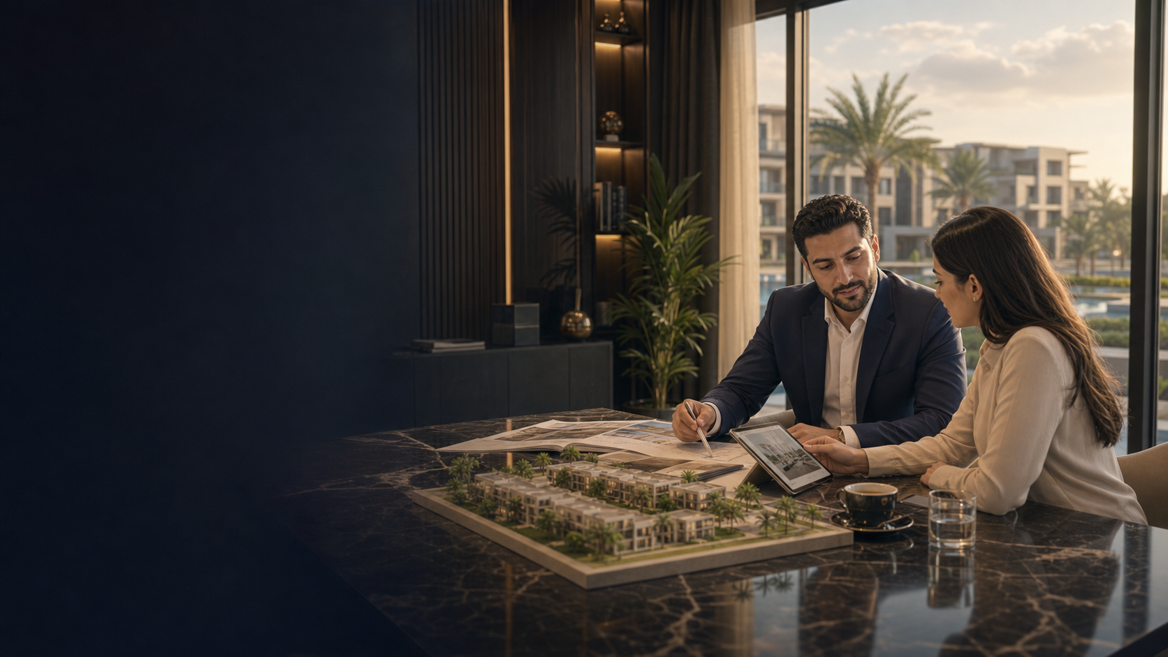 Premium real estate advisor presenting compound plans to a client