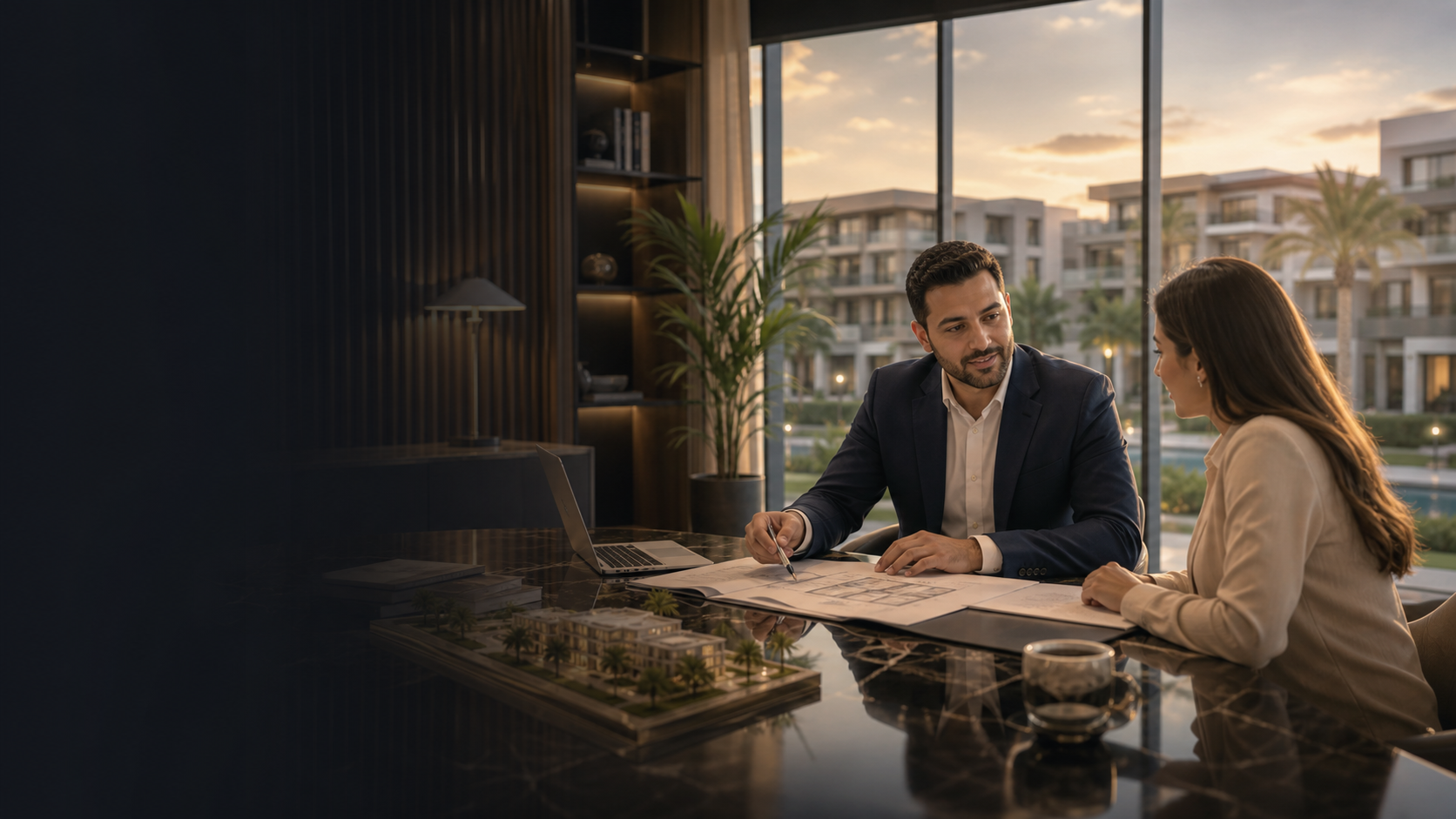Private real estate advisory meeting in a premium sales lounge